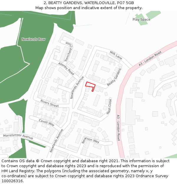 2, BEATTY GARDENS, WATERLOOVILLE, PO7 5GB: Location map and indicative extent of plot