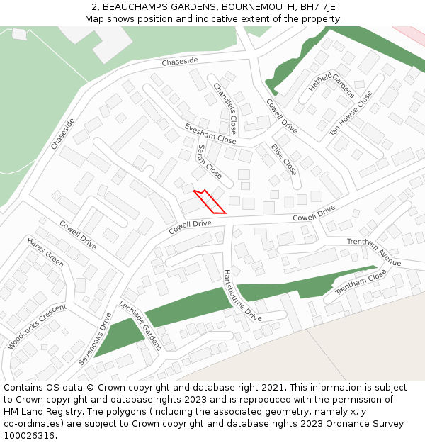 2, BEAUCHAMPS GARDENS, BOURNEMOUTH, BH7 7JE: Location map and indicative extent of plot