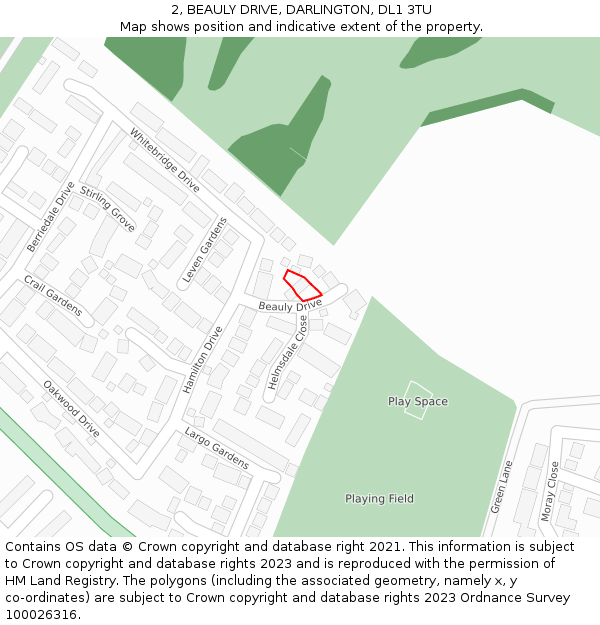 2, BEAULY DRIVE, DARLINGTON, DL1 3TU: Location map and indicative extent of plot