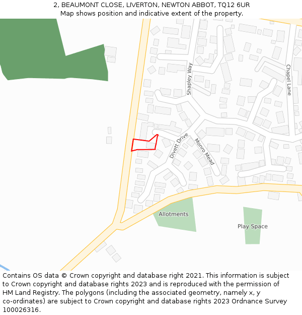 2, BEAUMONT CLOSE, LIVERTON, NEWTON ABBOT, TQ12 6UR: Location map and indicative extent of plot