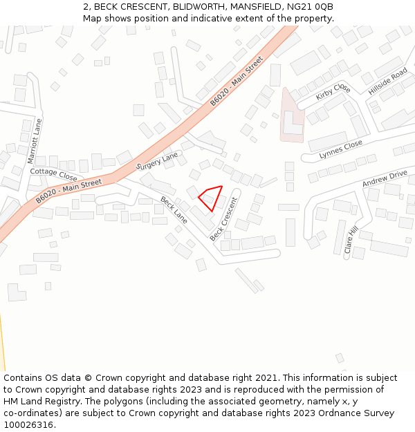 2, BECK CRESCENT, BLIDWORTH, MANSFIELD, NG21 0QB: Location map and indicative extent of plot