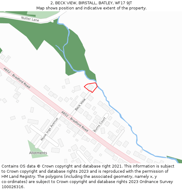 2, BECK VIEW, BIRSTALL, BATLEY, WF17 9JT: Location map and indicative extent of plot