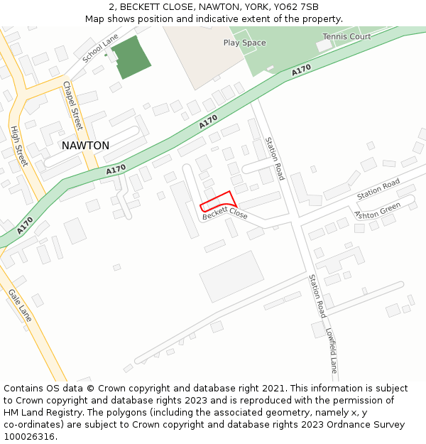 2, BECKETT CLOSE, NAWTON, YORK, YO62 7SB: Location map and indicative extent of plot