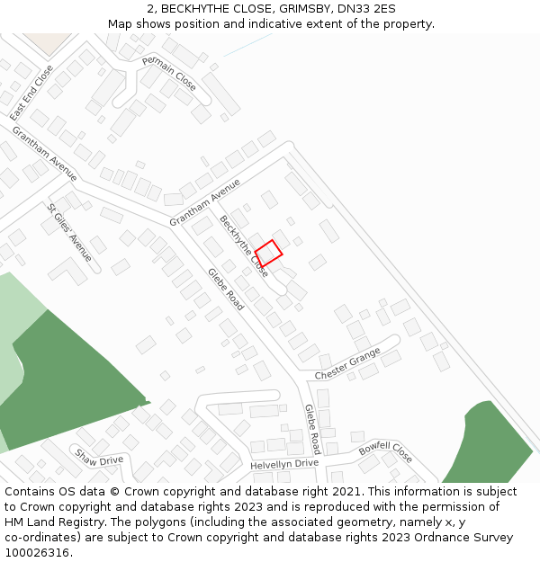 2, BECKHYTHE CLOSE, GRIMSBY, DN33 2ES: Location map and indicative extent of plot