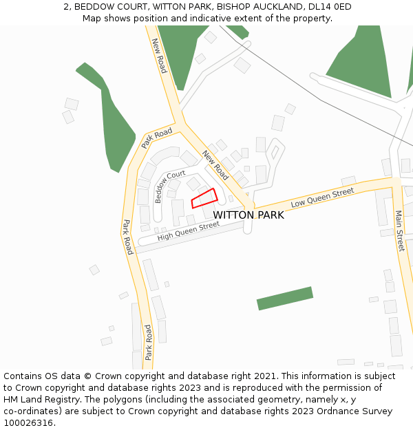 2, BEDDOW COURT, WITTON PARK, BISHOP AUCKLAND, DL14 0ED: Location map and indicative extent of plot