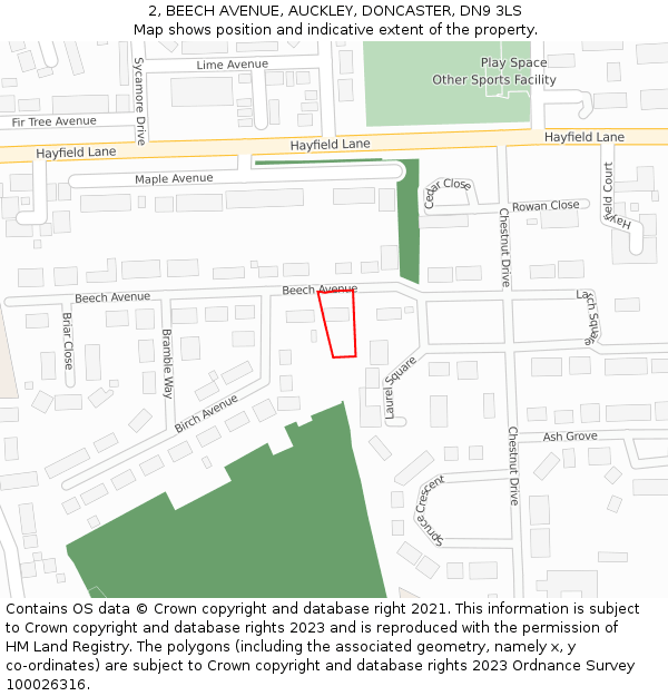 2, BEECH AVENUE, AUCKLEY, DONCASTER, DN9 3LS: Location map and indicative extent of plot