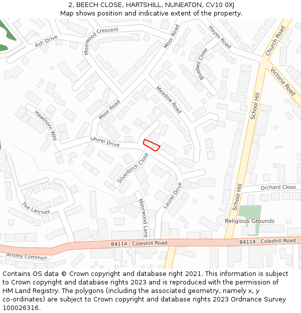 2, BEECH CLOSE, HARTSHILL, NUNEATON, CV10 0XJ: Location map and indicative extent of plot
