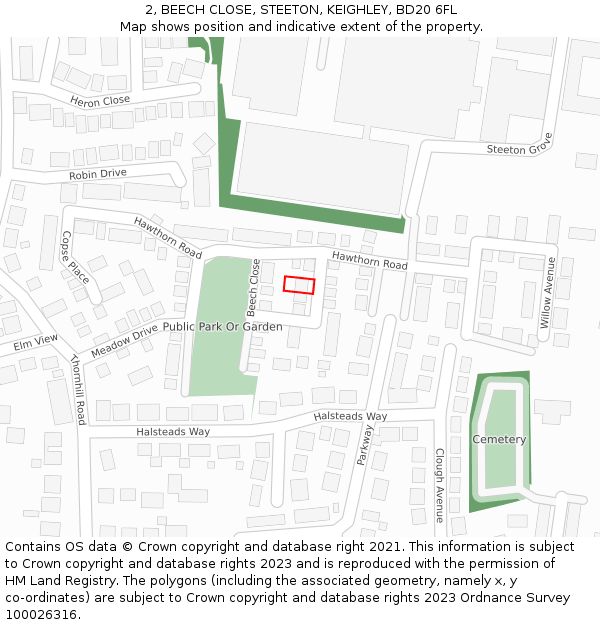 2, BEECH CLOSE, STEETON, KEIGHLEY, BD20 6FL: Location map and indicative extent of plot
