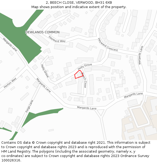 2, BEECH CLOSE, VERWOOD, BH31 6XB: Location map and indicative extent of plot