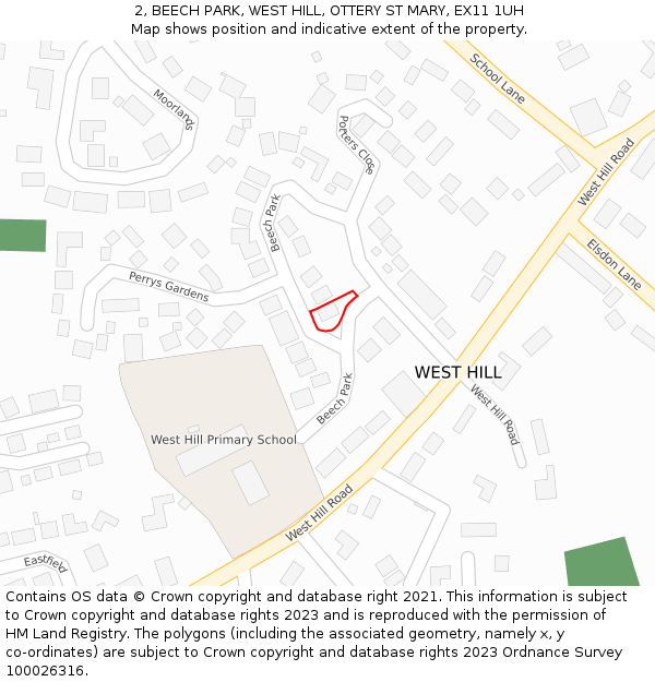 2, BEECH PARK, WEST HILL, OTTERY ST MARY, EX11 1UH: Location map and indicative extent of plot