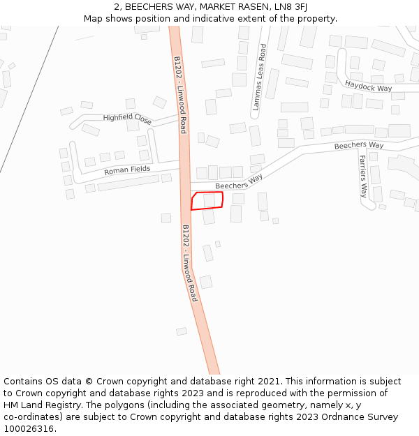 2, BEECHERS WAY, MARKET RASEN, LN8 3FJ: Location map and indicative extent of plot