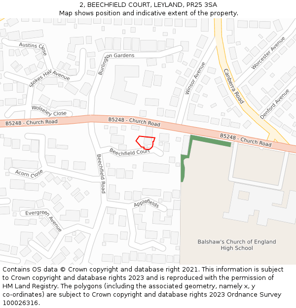 2, BEECHFIELD COURT, LEYLAND, PR25 3SA: Location map and indicative extent of plot