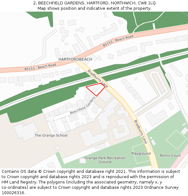 2, BEECHFIELD GARDENS, HARTFORD, NORTHWICH, CW8 1LQ: Location map and indicative extent of plot