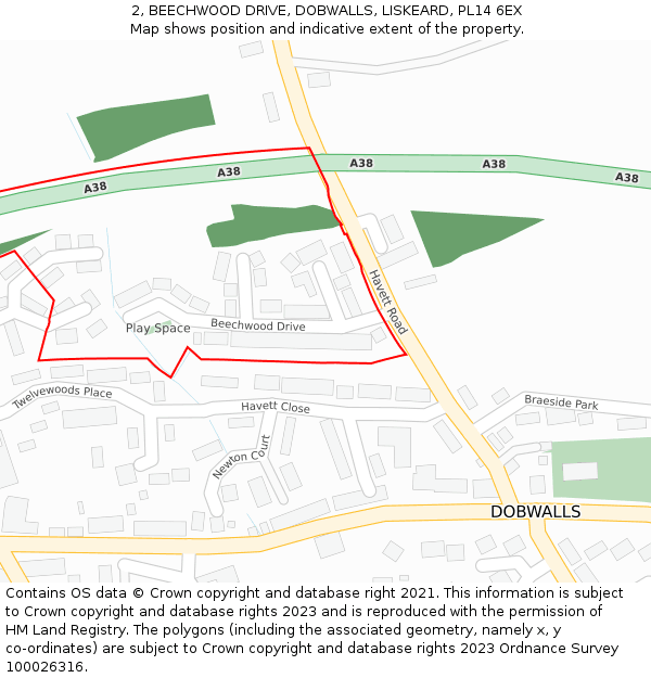 2, BEECHWOOD DRIVE, DOBWALLS, LISKEARD, PL14 6EX: Location map and indicative extent of plot
