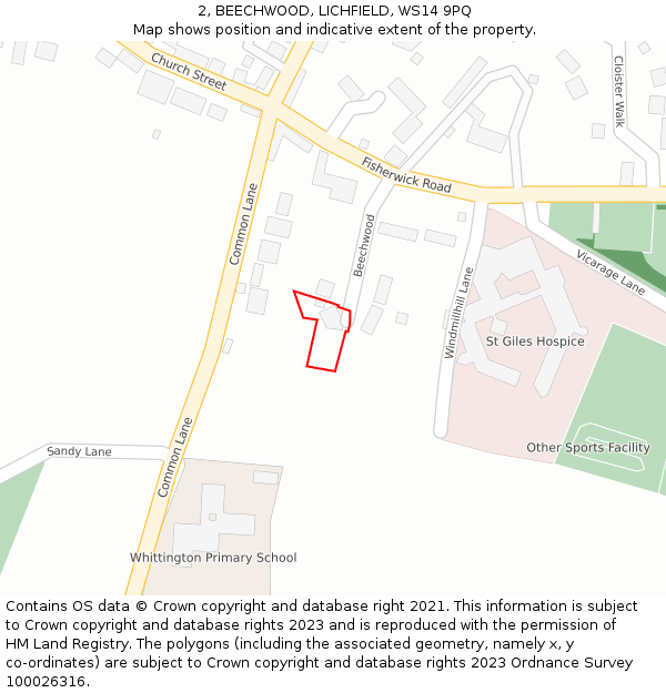 2, BEECHWOOD, LICHFIELD, WS14 9PQ: Location map and indicative extent of plot