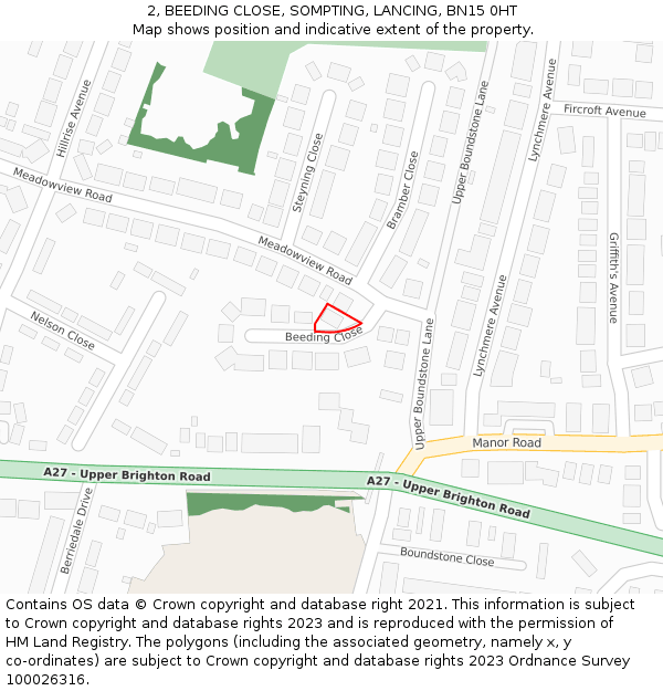 2, BEEDING CLOSE, SOMPTING, LANCING, BN15 0HT: Location map and indicative extent of plot