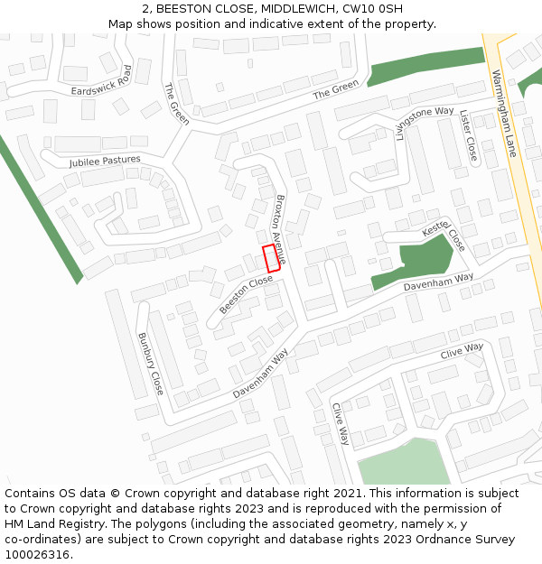 2, BEESTON CLOSE, MIDDLEWICH, CW10 0SH: Location map and indicative extent of plot