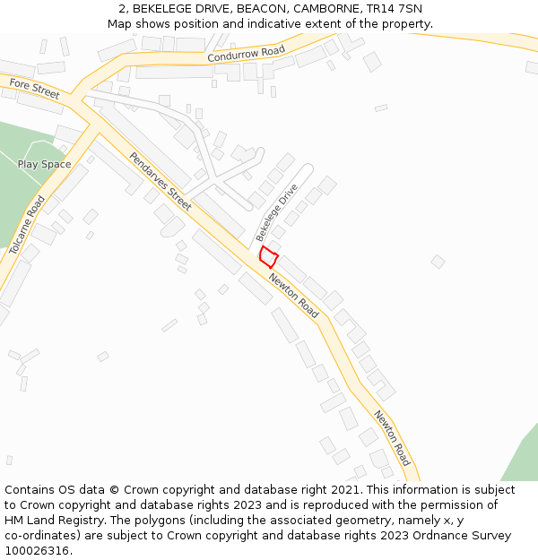 2, BEKELEGE DRIVE, BEACON, CAMBORNE, TR14 7SN: Location map and indicative extent of plot