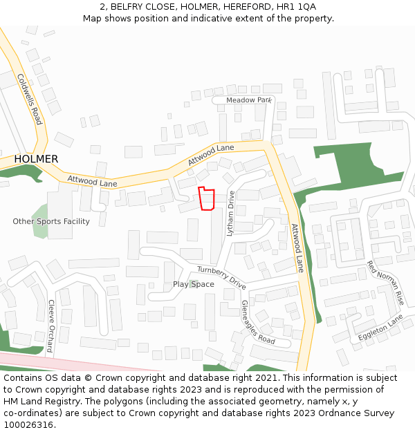 2, BELFRY CLOSE, HOLMER, HEREFORD, HR1 1QA: Location map and indicative extent of plot