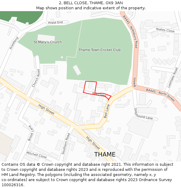 2, BELL CLOSE, THAME, OX9 3AN: Location map and indicative extent of plot