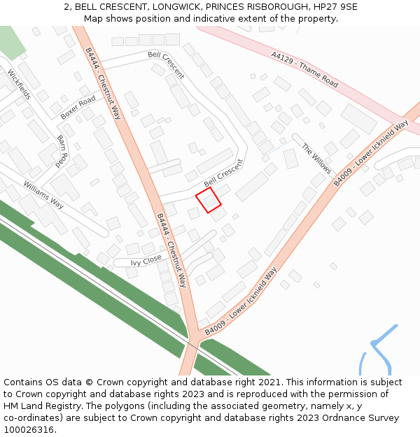 2, BELL CRESCENT, LONGWICK, PRINCES RISBOROUGH, HP27 9SE: Location map and indicative extent of plot