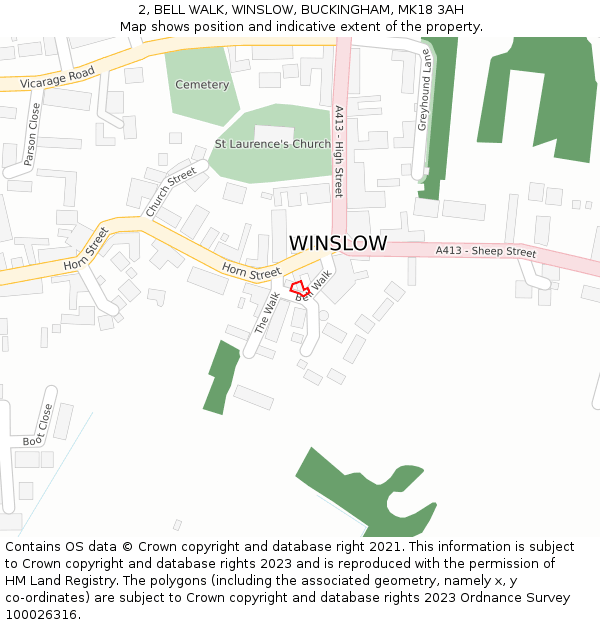 2, BELL WALK, WINSLOW, BUCKINGHAM, MK18 3AH: Location map and indicative extent of plot