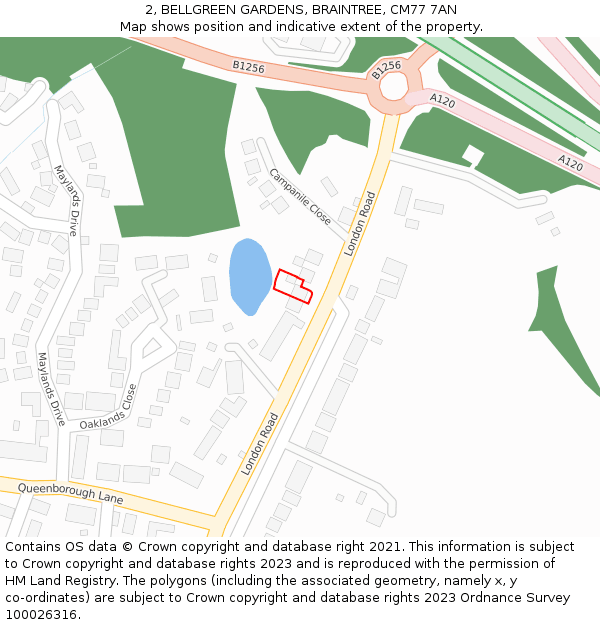 2, BELLGREEN GARDENS, BRAINTREE, CM77 7AN: Location map and indicative extent of plot