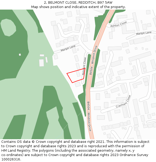 2, BELMONT CLOSE, REDDITCH, B97 5AW: Location map and indicative extent of plot