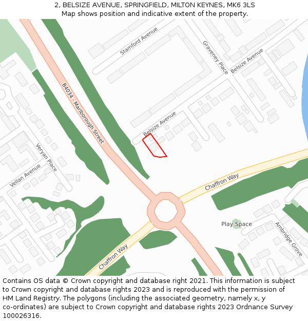 2, BELSIZE AVENUE, SPRINGFIELD, MILTON KEYNES, MK6 3LS: Location map and indicative extent of plot