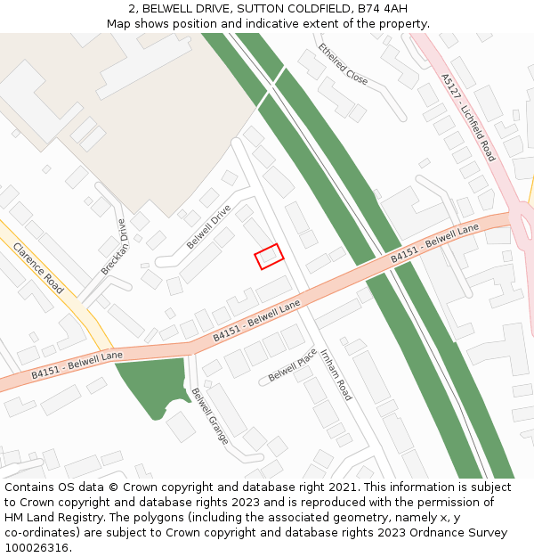 2, BELWELL DRIVE, SUTTON COLDFIELD, B74 4AH: Location map and indicative extent of plot