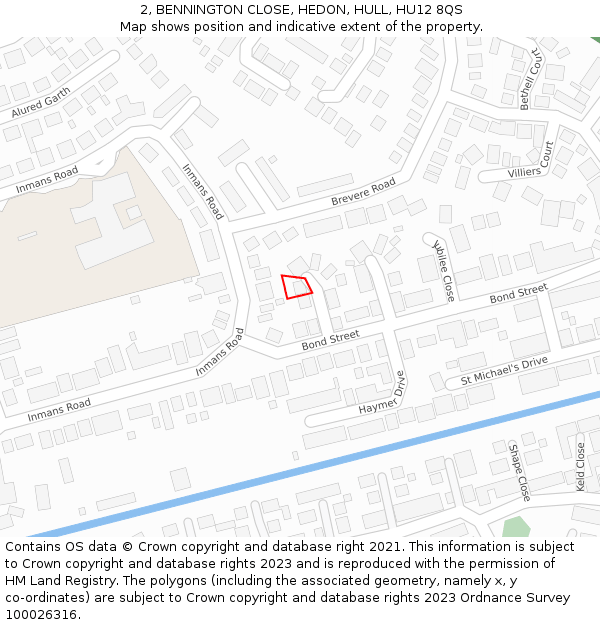 2, BENNINGTON CLOSE, HEDON, HULL, HU12 8QS: Location map and indicative extent of plot