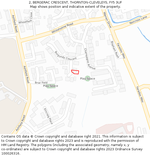 2, BERGERAC CRESCENT, THORNTON-CLEVELEYS, FY5 3UF: Location map and indicative extent of plot