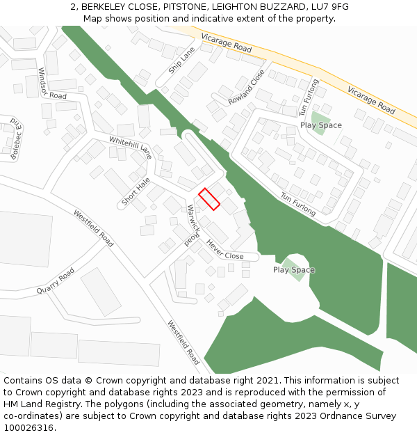 2, BERKELEY CLOSE, PITSTONE, LEIGHTON BUZZARD, LU7 9FG: Location map and indicative extent of plot