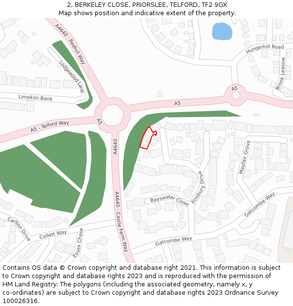 2, BERKELEY CLOSE, PRIORSLEE, TELFORD, TF2 9GX: Location map and indicative extent of plot