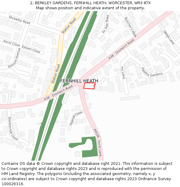 2, BERKLEY GARDENS, FERNHILL HEATH, WORCESTER, WR3 8TX: Location map and indicative extent of plot
