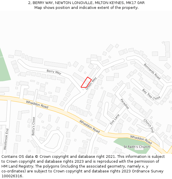 2, BERRY WAY, NEWTON LONGVILLE, MILTON KEYNES, MK17 0AR: Location map and indicative extent of plot