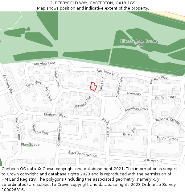 2, BERRYFIELD WAY, CARTERTON, OX18 1GS: Location map and indicative extent of plot