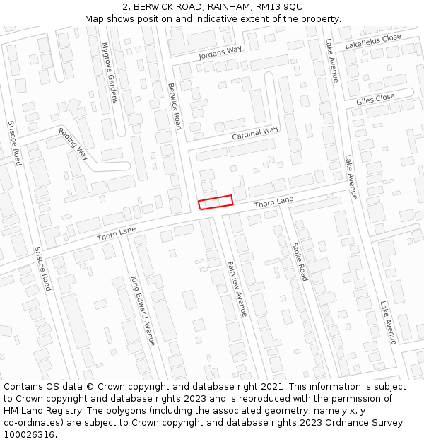 2, BERWICK ROAD, RAINHAM, RM13 9QU: Location map and indicative extent of plot