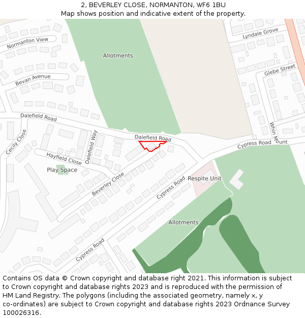 2, BEVERLEY CLOSE, NORMANTON, WF6 1BU: Location map and indicative extent of plot