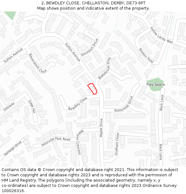 2, BEWDLEY CLOSE, CHELLASTON, DERBY, DE73 6PT: Location map and indicative extent of plot
