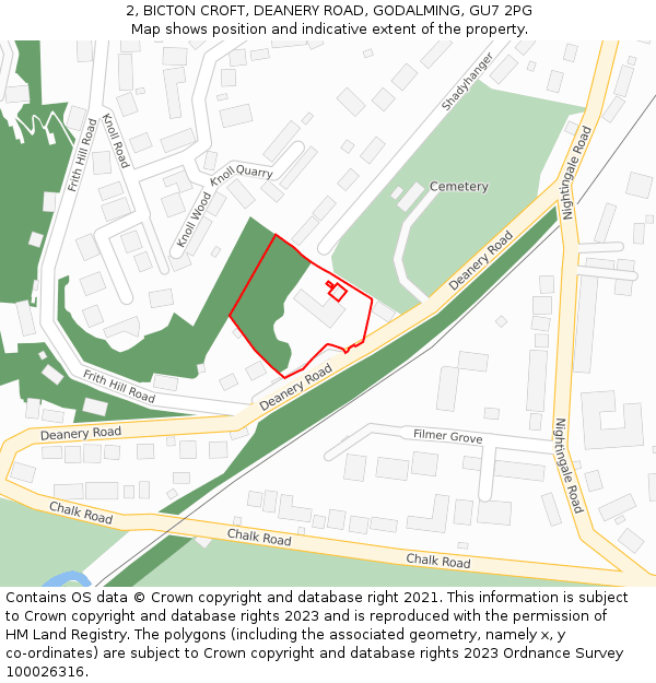 2, BICTON CROFT, DEANERY ROAD, GODALMING, GU7 2PG: Location map and indicative extent of plot