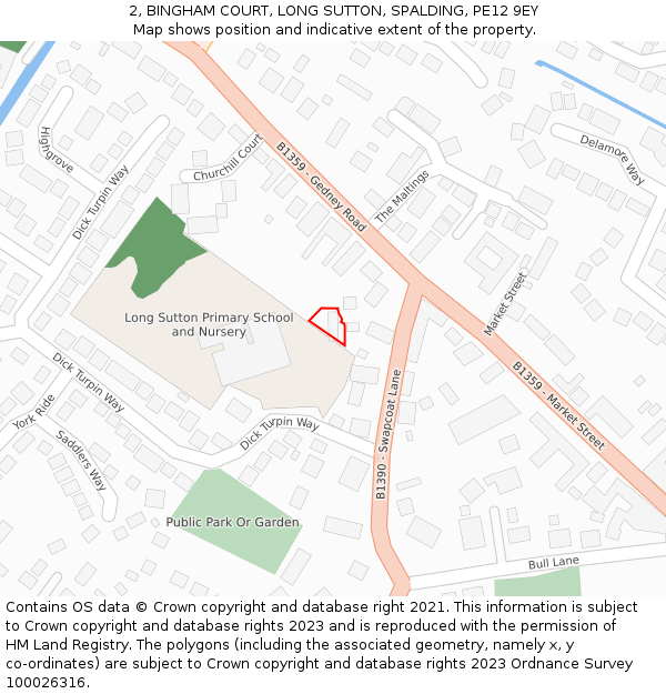 2, BINGHAM COURT, LONG SUTTON, SPALDING, PE12 9EY: Location map and indicative extent of plot