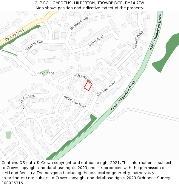 2, BIRCH GARDENS, HILPERTON, TROWBRIDGE, BA14 7TW: Location map and indicative extent of plot