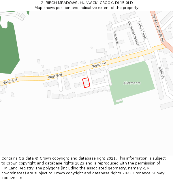 2, BIRCH MEADOWS, HUNWICK, CROOK, DL15 0LD: Location map and indicative extent of plot