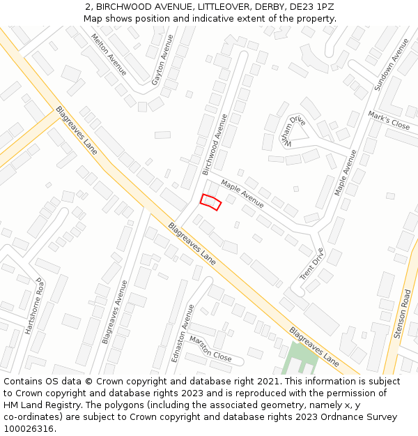 2, BIRCHWOOD AVENUE, LITTLEOVER, DERBY, DE23 1PZ: Location map and indicative extent of plot