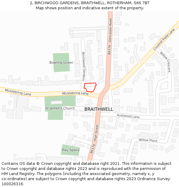 2, BIRCHWOOD GARDENS, BRAITHWELL, ROTHERHAM, S66 7BT: Location map and indicative extent of plot