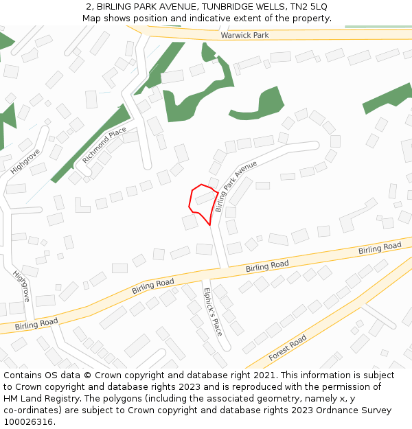 2, BIRLING PARK AVENUE, TUNBRIDGE WELLS, TN2 5LQ: Location map and indicative extent of plot