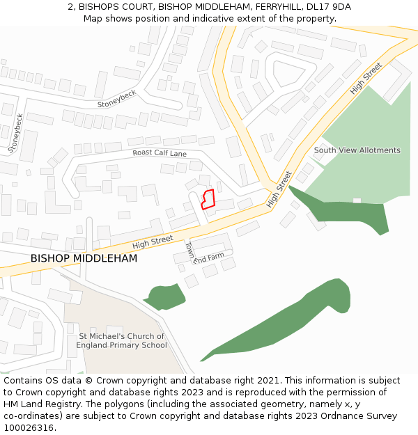 2, BISHOPS COURT, BISHOP MIDDLEHAM, FERRYHILL, DL17 9DA: Location map and indicative extent of plot