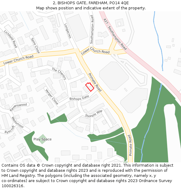 2, BISHOPS GATE, FAREHAM, PO14 4QE: Location map and indicative extent of plot