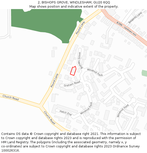 2, BISHOPS GROVE, WINDLESHAM, GU20 6QQ: Location map and indicative extent of plot